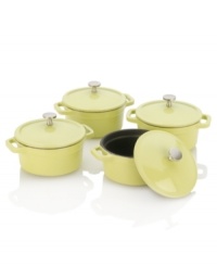 Designed by Michelle Bernstein, one of our pro chefs from The Culinary Council, this cast iron professional set combines unbeatable enamel style with incredible performance. Four nonstick mini dutch ovens are perfect for prepping individual servings of soup, chili, dessert and beyond. 1-year warranty. Designed by Michelle Bernstein, one of our pro chefs from The Culinary Council, this cast iron professional set combines unbeatable enamel style with incredible performance. Four nonstick mini dutch ovens are perfect for prepping individual servings of soup, chili, dessert and beyond. 1-year warranty.