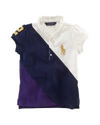 A hint of stretch, a colorful pieced design and Big Pony embroidery give a modern look and feel to a short-sleeved cotton mesh rugby shirt. A hint of stretch, a colorful pieced design and Big Pony embroidery give a modern look and feel to a short-sleeved cotton mesh rugby shirt.