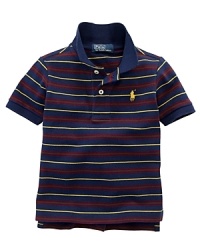 A short-sleeved polo shirt is cut in soft, breathable cotton mesh with a bold striped pattern. A short-sleeved polo shirt is cut in soft, breathable cotton mesh with a bold striped pattern.