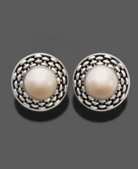 Luminous cultured freshwater pearls (10-1/2-11 mm) shine at the center of these braided sterling silver button earrings by Fresh by Honora. Approximate diameter: 3/4 inch.