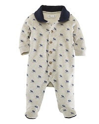An essential footed coverall is rendered in soft fleece with a cozy club collar and a heritage-inspired caribou print for extra warmth and style. An essential footed coverall is rendered in soft fleece with a cozy club collar and a heritage-inspired caribou print for extra warmth and style.