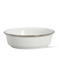 Beautiful in its simplicity, this dinnerware collection features a timeless, elegant design. The pristine white bone china is accented by a single, shimmering band of platinum. The understated beauty will add a refined sophistication to your dining experience for years to come. Beautiful in its simplicity, this dinnerware collection features a timeless, elegant design. The pristine white bone china is accented by a single, shimmering band of platinum. The understated beauty will add a refined sophistication to your dining experience for years to come.