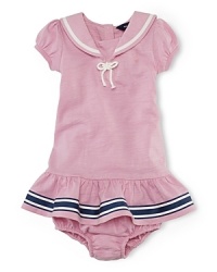 Saluting chic sailor style, an adorable ruffled dress in ultra-soft slub cotton jersey is awash with breezy maritime accents. Saluting chic sailor style, an adorable ruffled dress in ultra-soft slub cotton jersey is awash with breezy maritime accents.
