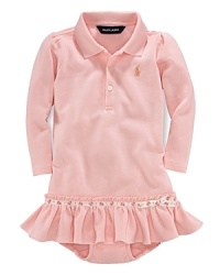 Sporty and girly style come together in harmony in a lightweight polo dress crafted from soft cotton mesh with Ralph Lauren's embroidered pony accenting the chest. Sporty and girly style come together in harmony in a lightweight polo dress crafted from soft cotton mesh with Ralph Lauren's embroidered pony accenting the chest.