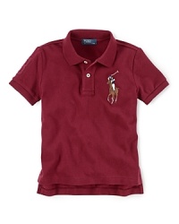A short-sleeved polo shirt is cut in soft, breathable cotton mesh with a multicolored Big Pony for a classic look. A short-sleeved polo shirt is cut in soft, breathable cotton mesh with a multicolored Big Pony for a classic look.