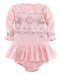 A festive dress is crafted from soft waffle-knit jersey in an easy A-line silhouette and updated with a pretty ruffled skirt and snowflake design. A festive dress is crafted from soft waffle-knit jersey in an easy A-line silhouette and updated with a pretty ruffled skirt and snowflake design.