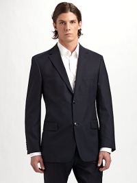 A handsome look with a classic, tailored fit in lightweight virgin wool. Two-button front with notched lapel Chest welt pocket Waist flap pockets Three interior pockets Back vent Fully lined About 31 from shoulder to hem Wool; dry clean Imported A handsome look with a classic, tailored fit in lightweight virgin wool. Two-button front with notched lapel Chest welt pocket Waist flap pockets Three interior pockets Back vent Fully lined About 31 from shoulder to hem Wool; dry clean Imported