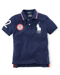 This preppy short-sleeve polo shirt in breathable cotton mesh celebrates Team USA's participation in the 2012 Olympics with the official U.S. Olympic Team logo and the Big Pony at front and London embroidery at the back. This preppy short-sleeve polo shirt in breathable cotton mesh celebrates Team USA's participation in the 2012 Olympics with the official U.S. Olympic Team logo and the Big Pony at front and London embroidery at the back.