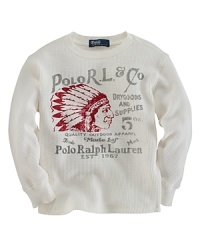 An old-fashioned Polo R.L. & Co logo and a chief graphic lend vintage character to a waffle-knit thermal shirt. An old-fashioned Polo R.L. & Co logo and a chief graphic lend vintage character to a waffle-knit thermal shirt.