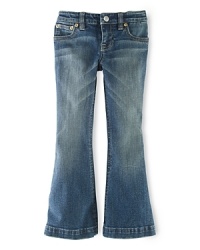 Faded denim is crafted in a chic flared silhouette with a hint of stretch for a cute, classic look. Faded denim is crafted in a chic flared silhouette with a hint of stretch for a cute, classic look.