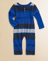 A sporty, striped, button-front one-piece ensemble crafted in a layered-look design for handsome style.CrewneckLayered-look long sleevesButton-frontPatch pocketBottom snaps49% polyester/35% cotton/16% micro modalMachine washImported Please note: Number of snaps/buttons may vary depending on size ordered. 