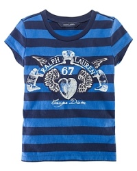 Seize the day in this bold striped cotton jersey tee accented with an applied heart graphic print for rocker-chic style. Seize the day in this bold striped cotton jersey tee accented with an applied heart graphic print for rocker-chic style.