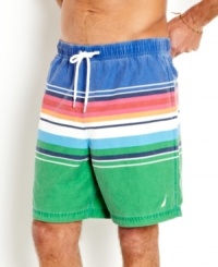 Faded glory. The subtle fade on these striped swim trunks from Nautica make them the perfect trunks to make summer memories in. Faded glory. The subtle fade on these striped swim trunks from Nautica make them the perfect trunks to make summer memories in.