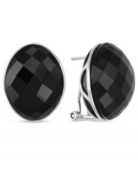Elegant in onyx. These sterling silver omega clip earrings make a bold statement with rich onyx (15 x 19 mm) setting the tone. Approximate drop length: 3/4 inch. Approximate drop width: 5/8 inch.