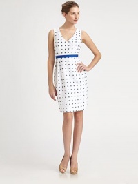 Textural woven cotton, studded with sweet polka dots and defined by grosgrain ribbon at the waist.V necklineSleevelessGrosgrain waistbandFront skirt pleatsConcealed back zipFully linedAbout 22½ from natural waist81% cotton/13% nylon/6% polyesterDry cleanImported of Italian fabricModel shown is 5'10½ (179cm) wearing US size 4. Textural woven cotton, studded with sweet polka dots and defined by grosgrain ribbon at the waist.V necklineSleevelessGrosgrain waistbandFront skirt pleatsConcealed back zipFully linedAbout 22½ from natural waist81% cotton/13% nylon/6% polyesterDry cleanImported of Italian fabricModel shown is 5'10½ (179cm) wearing US size 4.