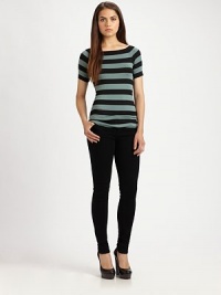 Perfect blend of elegant and sporty, this fitted jersey top has a shoulder-baring boatneck and allover contrasting stripes. BoatneckShort sleevesSpandex/rayonDry cleanMade in USA of imported fabricModel shown is 5'11 (178cm) wearing US size Small. Perfect blend of elegant and sporty, this fitted jersey top has a shoulder-baring boatneck and allover contrasting stripes. BoatneckShort sleevesSpandex/rayonDry cleanMade in USA of imported fabricModel shown is 5'11 (178cm) wearing US size Small.