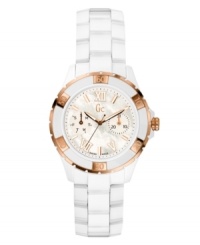 As pure as the driven snow, this technical masterpiece is as chic as it is sporty. Sport Clas XL-S Glam collection watch from Gc Swiss Made Timepieces crafted of white ceramic bracelet and round case with rose-gold tone accents. White dial with two subdials, logo at twelve o'clock, rose-gold tone Roman numerals at twelve, five and seven o'clock, stick indices and minute track. Swiss quartz movement. Water resistant to 100 meters. Ten-year limited warranty. Luxury Gc gift box packaging included. As pure as the driven snow, this technical masterpiece is as chic as it is sporty. Sport Clas XL-S Glam collection watch from Gc Swiss Made Timepieces crafted of white ceramic bracelet and round case with rose-gold tone accents. White dial with two subdials, logo at twelve o'clock, rose-gold tone Roman numerals at twelve, five and seven o'clock, stick indices and minute track. Swiss quartz movement. Water resistant to 100 meters. Ten-year limited warranty. Luxury Gc gift box packaging included.
