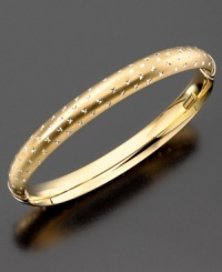 Tiny cross patterns etched into this beautiful diamond-cut bracelet give it a stately and regal air. Bangle bracelet crafted in 14k gold over sterling silver and sterling silver. Approximate diameter: 2-1/2 inches. Tiny cross patterns etched into this beautiful diamond-cut bracelet give it a stately and regal air. Bangle bracelet crafted in 14k gold over sterling silver and sterling silver. Approximate diameter: 2-1/2 inches.