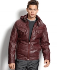 Weather the storm in pleather. With a detachable hood and convenient pockets for storage, this pleather puffer coat from Bar III is an ideal addition to your fall wardrobe. Weather the storm in pleather. With a detachable hood and convenient pockets for storage, this pleather puffer coat from Bar III is an ideal addition to your fall wardrobe.
