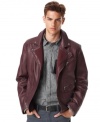 Modern rock style gets a nod to vintage motorcycle cool with this full zip faux-leather jacket from Bar III.