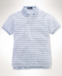 A relaxed-fitting short-sleeved polo shirt is crafted from breathable cotton mesh with sleek stripes for a handsome, modern look. A relaxed-fitting short-sleeved polo shirt is crafted from breathable cotton mesh with sleek stripes for a handsome, modern look.