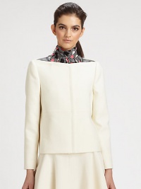 A study in modern minimalism, this clean-lined crepe topper boasts leather-trimmed shoulders for just the right touch of edge.Modified boatneckConcealed snap-button placketSlash pocketsAbout 21 from shoulder to hem64% polyester/31% viscose/5% elastane; leather trimDry clean by a leather specialistMade in USA of imported fabricModel shown is 5'9½ (176cm) wearing US size 4. A study in modern minimalism, this clean-lined crepe topper boasts leather-trimmed shoulders for just the right touch of edge.Modified boatneckConcealed snap-button placketSlash pocketsAbout 21 from shoulder to hem64% polyester/31% viscose/5% elastane; leather trimDry clean by a leather specialistMade in USA of imported fabricModel shown is 5'9½ (176cm) wearing US size 4.