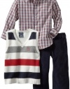 Izod Kids Boys 2-7 Striped Sweater Vest Plaid Shirt and Pant 3 Piece Set, Ivory, 6 Regular