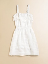 Your little angel will look like one in this ethereal frock with ruffled bodice, muted stripes and a classic A-line hem.SquareneckSleevelessPullover styleElastic waist98% cotton/2% polyesterMachine washImported Your little angel will look like one in this ethereal frock with ruffled bodice, muted stripes and a classic A-line hem.SquareneckSleevelessPullover styleElastic waist98% cotton/2% polyesterMachine washImported