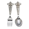 Off we go, into the wild blue yonder! Imaginations of little would-be aviators will absolutely soar with this fun collection. New items are gift boxed with special Zoom Zoom packaging sleeves. Flatware is stainless steel with nickel-plated handles. Includes one baby fork and one infant feeding spoon.