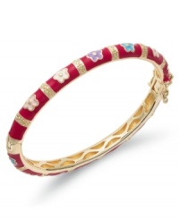 Pretty petals. This petite children's bracelet features red, pink, white, purple and blue enamel flowers on an 18k gold over sterling silver bangle. Bracelet secures with a hinge clasp. Approximate diameter: 2 inches. Pretty petals. This petite children's bracelet features red, pink, white, purple and blue enamel flowers on an 18k gold over sterling silver bangle. Bracelet secures with a hinge clasp. Approximate diameter: 2 inches.