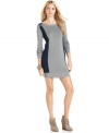 This sleek sweater dress from DKNY Jeans features colorblocked knit and woven panels for an on-trend look.