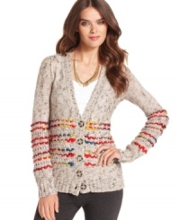 Bright woven yarn adds a crafty-chic appeal to this Kensie sweater -- an adorable layering piece! Bright woven yarn adds a crafty-chic appeal to this Kensie sweater -- an adorable layering piece!