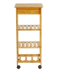 Expand your counter and storage space with this wooden cart from Lipper International. A drawer and three shelves, including one for wine bottles, afford the chef more room to stock the kitchen. Wheels get it out of the way. Expand your counter and storage space with this wooden cart from Lipper International. A drawer and three shelves, including one for wine bottles, afford the chef more room to stock the kitchen. Wheels get it out of the way.