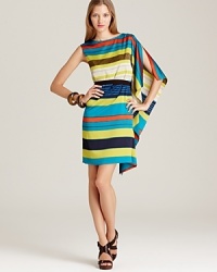 Potently hued stripes tell a bold color story on this Max & Cleo dress, flourished with a cascading sleeve and finished with a belt. Potently hued stripes tell a bold color story on this Max & Cleo dress, flourished with a cascading sleeve and finished with a belt.