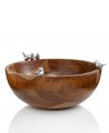 Martha Stewart Collection combines sheesham wood and polished metal in the utterly charming Park Birds salad bowl. Cast aluminum birds add a sense of lightness and fun to gorgeous materials.