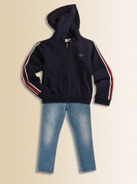 A cozy, classic hoodie gets a handsome update with requisite signature web stripes and white Gucci logo for a high fashion appeal.Attached hoodLong sleevesFull front zipSplit kangaroo pocket92% cotton/8% elastamMachine washMade in Italy A cozy, classic hoodie gets a handsome update with requisite signature web stripes and white Gucci logo for a high fashion appeal.Attached hoodLong sleevesFull front zipSplit kangaroo pocket92% cotton/8% elastamMachine washMade in Italy