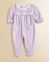 Crafted in buttery soft velour with charming ruffle trim and lavender print, this precious one-piece is as pretty as baby.Ruffled crewneckLong sleeves with ruffled cuffsBack snapsPatch pocketsBottom snaps80% cotton/20% polyesterMachine washImported Please note: Number of snaps may vary depending on size ordered. 