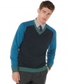Color up your fall layers with this colorblocked v-neck sweater from Perry Ellis. (Clearance)