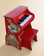 An adorable toddler piano sits on the ground and can easily be raised into an upright as a child grows. For ages 3 and up Dog decoration on one side Makes chime-like piano sounds Songbook included with classic songs Keys spaced to teach proper finger placement Removable color-coordinated strip guides small fingers from chord to chord Hardwood/hardboard 17W X 10¾H X 10½D Imported