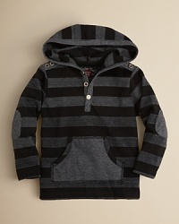 He'll look stylish in rugby stripes with this Sovereign Code hoodie, sporting contrast elbow patches and a kangaroo pocket. He'll look stylish in rugby stripes with this Sovereign Code hoodie, sporting contrast elbow patches and a kangaroo pocket.