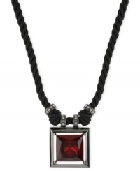 Dark tones dazzle in this pendant from Kenneth Cole New York. Dangling from a twisted cord is a square pendant crafted from hematite-tone mixed metal with a red faceted stone at the center for a bold statement. Approximate length: 18 inches + 3-inch extender. Approximate drop: 2 inches. Dark tones dazzle in this pendant from Kenneth Cole New York. Dangling from a twisted cord is a square pendant crafted from hematite-tone mixed metal with a red faceted stone at the center for a bold statement. Approximate length: 18 inches + 3-inch extender. Approximate drop: 2 inches.
