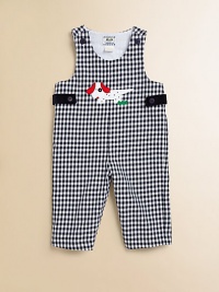 A charming one-piece in an overall design with a check pattern and puppy appliqué.ScoopneckShoulder straps with button closureSide buttonsBottom snaps65% cotton/35% rayonDry cleanImported Please note: Number of buttons and snaps may vary depending on size ordered. 