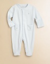 A preppy long-sleeved footed coverall in soft cotton jersey is designed with cute animal Schiffli embroidery.CrewneckLong sleevesSnap-frontFront patch pocketsBottom snapsPima cottonMachine washImported Please note: Number of buttons/snaps may vary depending on size ordered. 