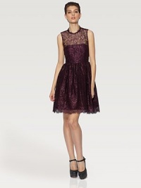 Vintage charm reigns in this gorgeous fit-and-flare style layered with sheer lace and a daring cutout back.JewelneckSleevelessSheer necklineTop-fit bodiceFull gathered skirtCenter back zipperAbout 21 from natural waist60% viscose/40% polyesterDry cleanImportedModel shown is 5'8½ (174cm) wearing US size 4. Vintage charm reigns in this gorgeous fit-and-flare style layered with sheer lace and a daring cutout back.JewelneckSleevelessSheer necklineTop-fit bodiceFull gathered skirtCenter back zipperAbout 21 from natural waist60% viscose/40% polyesterDry cleanImportedModel shown is 5'8½ (174cm) wearing US size 4.