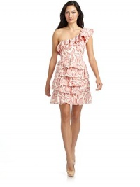 THE LOOKOne shoulder with ruffle trimAllover print in contrasting tonesHorizontal ruffles from waist to hemBand at waist with pipingSide zip closureTHE FITAbout 20 from natural waistFully linedTHE MATERIAL58% cotton/42% acetateLining: 65% polyester/35% cottonCARE & ORIGINDry cleanMade in USA THE LOOKOne shoulder with ruffle trimAllover print in contrasting tonesHorizontal ruffles from waist to hemBand at waist with pipingSide zip closureTHE FITAbout 20 from natural waistFully linedTHE MATERIAL58% cotton/42% acetateLining: 65% polyester/35% cottonCARE & ORIGINDry cleanMade in USA