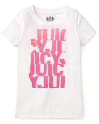 Juicy Couture rides the bleeding edge with an overlapping, cut-up logo print on this cotton crewneck tee. Juicy Couture rides the bleeding edge with an overlapping, cut-up logo print on this cotton crewneck tee.