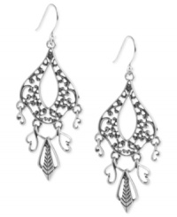 Embellished appeal. Lucky Brand does a little something extra with its pair of drop earrings. Crafted form silver-tone mixed metal with an openwork pattern, the earrings also feature dangling pieces for a stylish touch. Approximate drop: 2-1/4 inches. Embellished appeal. Lucky Brand does a little something extra with its pair of drop earrings. Crafted form silver-tone mixed metal with an openwork pattern, the earrings also feature dangling pieces for a stylish touch. Approximate drop: 2-1/4 inches.