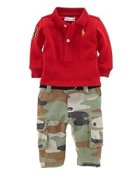 A rugged camo-print cargo pant is topped off with a preppy piqué cotton shirt for versatile, boyish style. A rugged camo-print cargo pant is topped off with a preppy piqué cotton shirt for versatile, boyish style.