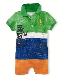 Adorable short-sleeved cotton mesh shortall sports a faded graphic striped print for a hand-finished, timeworn look. Adorable short-sleeved cotton mesh shortall sports a faded graphic striped print for a hand-finished, timeworn look.