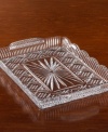 Long, faceted cuts in the classic starburst pattern make your favorite beverages even more refreshing. Whether serving an array of delectable desserts or stationing your barware, this fine tray is a beautiful multi-tasker. 16 x 10.5.